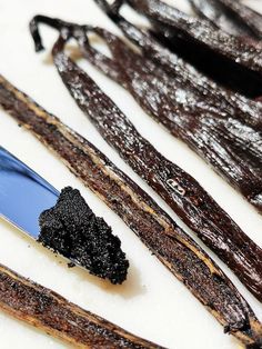 a spoon with black stuff on it sitting next to some brown things in the background