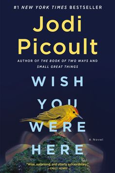 the cover of wish you were here by jodi picoult, which features a yellow bird perched on top of a piece of broccoli