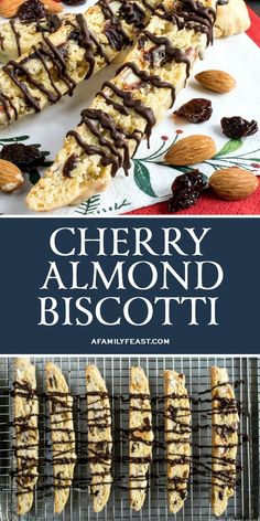 cherry almond biscotti with chocolate drizzle and almonds on the side