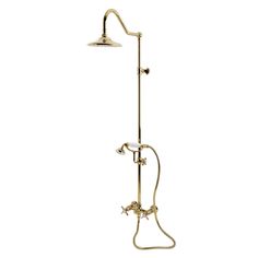 an antique style shower head and handset with thermostaer in polished brass