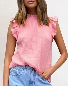 Lasaky - Chiffon top with ruffled sleeves and ruffled hem Vests Women, Women's Vests, Chiffon Tank Tops, Solid Tank Tops, Mini Robes, Casual Vest, Butterfly Sleeves, T-shirts & Tank Tops, Chiffon Shirt