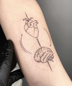 a person with a tattoo on their arm has a drawing of a heart and brain