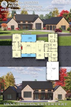 two story house plan with 3 car garage and attached living area, shown from the front and back