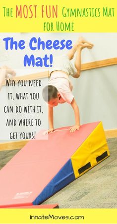 a young boy is doing a trick on a piece of paper with the words, the most fun gymnastics mat for home