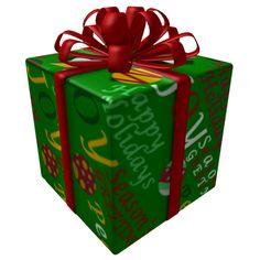 a green wrapped gift box with red ribbon and bow on it's top, sitting in front of a white background