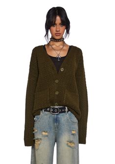 Current Mood Distressed Cable Knit Cardigan - Green Fall Cable Knit Button-up Cardigan, Trendy Cable Knit Button-up Outerwear, Faux Fur Outfit, Current Mood Clothing, Fur Costume, Sugar Thrillz, Cable Knit Cardigan, Current Mood, Clothing Hacks