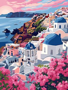 an image of a beautiful view of the ocean and town with pink flowers in front of it