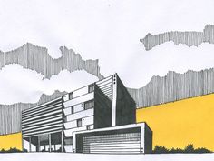 a drawing of a building in the middle of a field with trees and clouds behind it