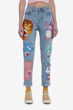 Ready to visit your favorite Care Bears and Care Bear Cousins? Head over to Care-A-Lot in the cutest mom jeans! Featuring your favorite Care Bear Cousins printed down both legs, plus stars printed on the back pocket. Cute Mom Jeans, Care Bear Cousins, Care Bears Cousins, Mom Denim, Fandom Outfits, Bear Outfits, Bear Shirt, Care Bear, Socks And Tights