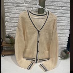 (2 For$15) Women’s: L “Brand New” Grate Condition Details: -Cream Color With Navy Stripes Casual Cream Knit Cardigan, Casual Cream Cardigan For Spring, Shein Cardigan, Shein Sweater, Navy Stripes, Blue Cream, Cream Color, Sweaters & Cardigans, Cardigans