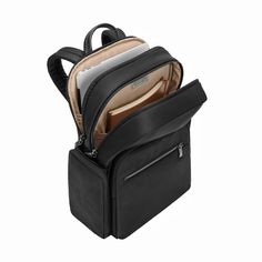 an open black backpack with its contents in the back and side pockets on each side