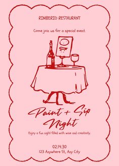 a flyer for a wine tasting event with a table and chairs in the center,