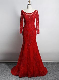 Red Lace Mermaid Long Sleeves Evening Gown Red Lace Gown, Wedding Dresses Near Me, Red Lace Prom Dress, Red Evening Gowns, Beautiful Evening Gowns, Red Wedding Dress, Gown Red, Long Sleeve Evening Gowns, Wedding Party Dress