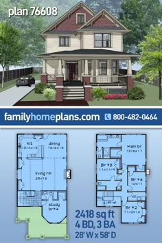 two story house plan with 3 bedroom and 2 bath in the back ground floor area