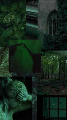 a collage of green and black images with trees in the background, an old building, and a statue