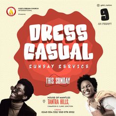 an advertisement for dress casual sunday service with two people smiling and laughing together in front of a red circle