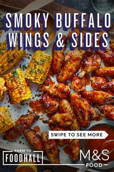 an advertisement for smokiy buffalo wings and sides with corn on the cob