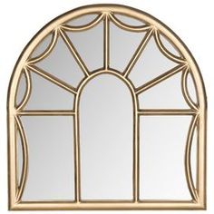 the arched window mirror is gold and has an arched glass door with a decorative design