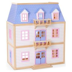 a wooden doll house with pink and blue windows