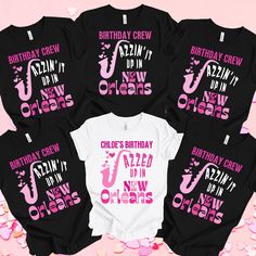 five birthday shirts with pink and black designs on them, including one for the new orleans