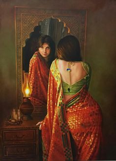 a painting of two women in sari looking at each other's reflection on a mirror