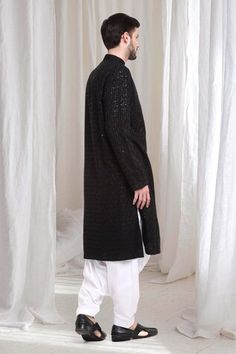 Black kurta with thread sequin embroidered floral checkered patterns. Comes with patiala. - Aza Fashions Winter Designer Kurta With Dabka Work, Winter Straight Kurta, Semi-stitched, Winter Semi-stitched Straight Kurta, Designer Resham Embroidery Kurta For Winter, Unstitched Black Winter Kurta, Black Unstitched Winter Kurta, Winter Kurta With Resham Embroidery, Dabka Work Straight Kurta, Winter Straight Kurta With Dabka Work