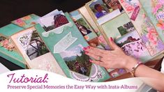 a woman is holding an open book with pictures on it