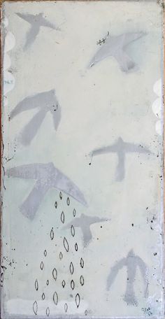 an abstract painting with birds flying in the sky and rain drops falling down on it