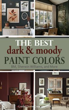 Collage of dark painted rooms including moody bedrooms, offices, and living rooms. Best Moody Paint Colors Behr, Dining Room Paint Color Ideas Benjamin Moore, Traditional Style Paint Colors, Best Dark Room Paint Colors, Trim For Dark Walls, Dinner Party Paint Color Benjamin Moore, Rich Dark Paint Colors, Moody Home Paint Palette, Moody Paint Schemes