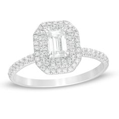 Emerald Cut Cubic Zirconia Halo Diamond Ring, White Emerald Cut Dazzling Diamond Ring, Dazzling White Emerald Cut Diamond Ring, Dazzling White Emerald-cut Diamond Ring, White Emerald Cut Diamond Cluster Ring, White Emerald Cut Lab Grown Diamond Ring, White Emerald-cut Lab Grown Diamond Ring, Emerald Cut Diamond Cluster Ring With Halo, Fine Jewelry Emerald Cut Halo Ring In Diamond White