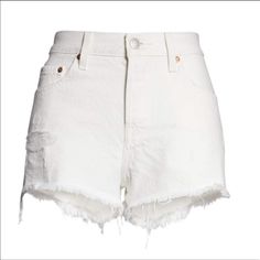 Cutoff 501 White Denim Shorts In Pearly White. Staple Piece To Any Wardrobe! Levi 501 Shorts, Mom Denim, Mom Jeans Shorts, Spring Capsule Wardrobe, White Jean Shorts, White Denim Shorts, Lined Jeans, High Waisted Mom Jeans, Denim Cutoff Shorts