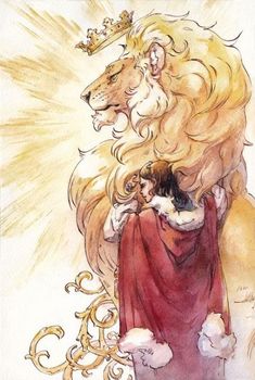 a drawing of a lion and a woman hugging each other with a crown on their head