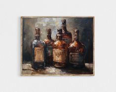 an oil painting of three bottles on a table