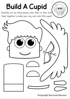 a coloring page with the words build a cupid and an image of a cartoon character