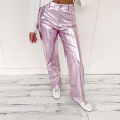 - 50% Polyurethane, 50% Polyester - True to size - Model is pictured in a size small - Pink metallic color Pink Metallic Pants, Night Out Style, 12th Tribe, Metallic Pants, Perfect Denim, Trendy Skirts, White Corset, Perfect Night, Pink Metallic