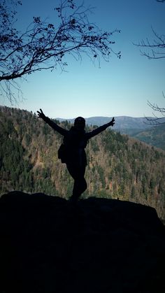 a person standing on top of a hill with their arms outstretched in the air and trees behind them