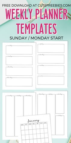 the free printable weekly planner template is shown on top of a desk with a pen and