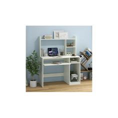 a white computer desk sitting on top of a wooden floor next to a book shelf