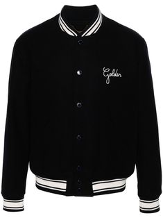 navy blue virgin wool blend brushed effect striped border ribbed band collar embroidered logo at the chest long sleeves two front jetted pockets ribbed cuffs and hem logo plaque to the rear internal slip pocket full lining front press-stud fastening Luxury Varsity Jacket With Ribbed Cuffs For College, Wool Varsity Jacket With Embroidered Logo And Baseball Collar, Classic Long Sleeve Varsity Jacket With Embroidered Logo, Classic Cotton Outerwear With Embroidered Logo, Classic College Outerwear With Embroidered Logo, College Varsity Jacket With Logo For Winter, Winter College Varsity Jacket With Logo Detail, Luxury Fall Outerwear With Logo Patch, Winter Workwear Outerwear With Logo Patch