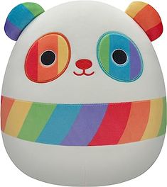 a stuffed panda bear with multicolored stripes on it's face and eyes