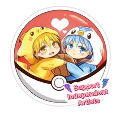 two cartoon characters sitting next to each other in front of a heart shaped sticker