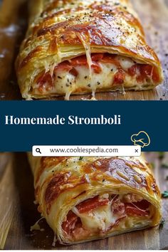 the homemade stromboli is cut in half and placed on a cutting board