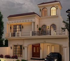 a car is parked in front of a two story house with balconies on the second floor