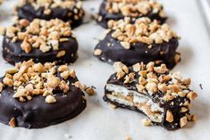 chocolate covered donuts with nuts on top