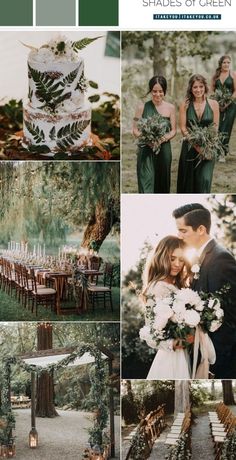 a collage of green and white wedding color palettes with greenery, flowers, candles, and bridesmaid's dresses