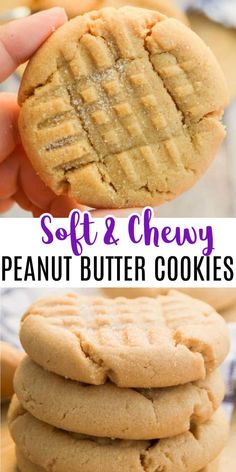 soft and chewy peanut butter cookies are stacked on top of each other with the words, soft & chewy peanut butter cookies