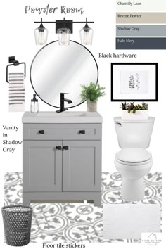 a bathroom with gray and white decor, including a mirror, sink, toilet, and rug