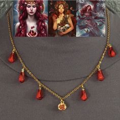 a woman wearing a necklace with red glass beads and gold chains on her neck, next to pictures of women