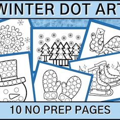 the winter dot art book is shown with pictures of snowmen and mittens on it