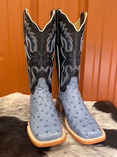 R. Watson Men's Serpentine Bruciato Full Quill Ostrich Square Toe Western Boots RW4518-1 | Painted Cowgirl Western Store Square Toe Cowgirl Boots, Cowgirl Boots Square Toed, Western Embroidery, Square Toe Western Boots, Handcrafted Boots, Western Store, Cowgirl Boot, Denim Boots, Cowgirl Western